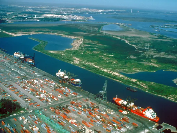 Aerial view of the Houston Ship Channel and the Barbours Cut terminal