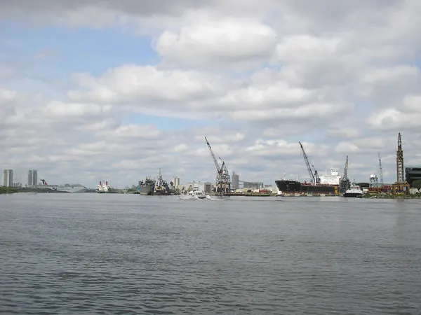 Cranes and ships at Port Tampa Bay seen across the water