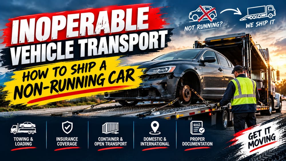 Non-running car being winched onto an open car carrier